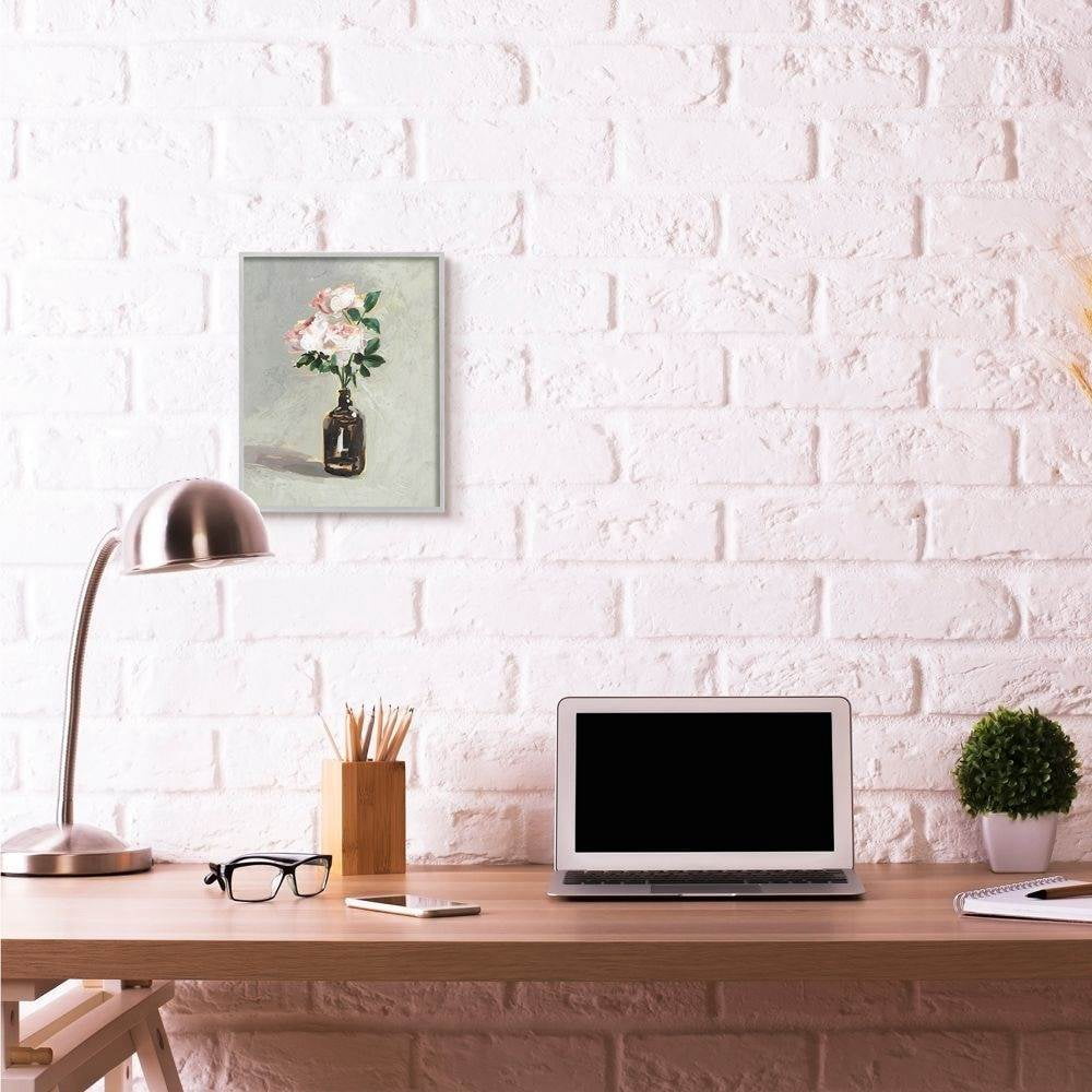 Stupell Industries Flower Jar Green Pink Neutral Modern Painting Gray Farmhouse Rustic Framed Giclee Texturized Art by Victoria Borges