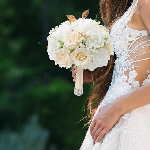 高档婚礼手捧花香槟色白金玫瑰花束波西米亚结婚花束 白金香槟手捧花成品
