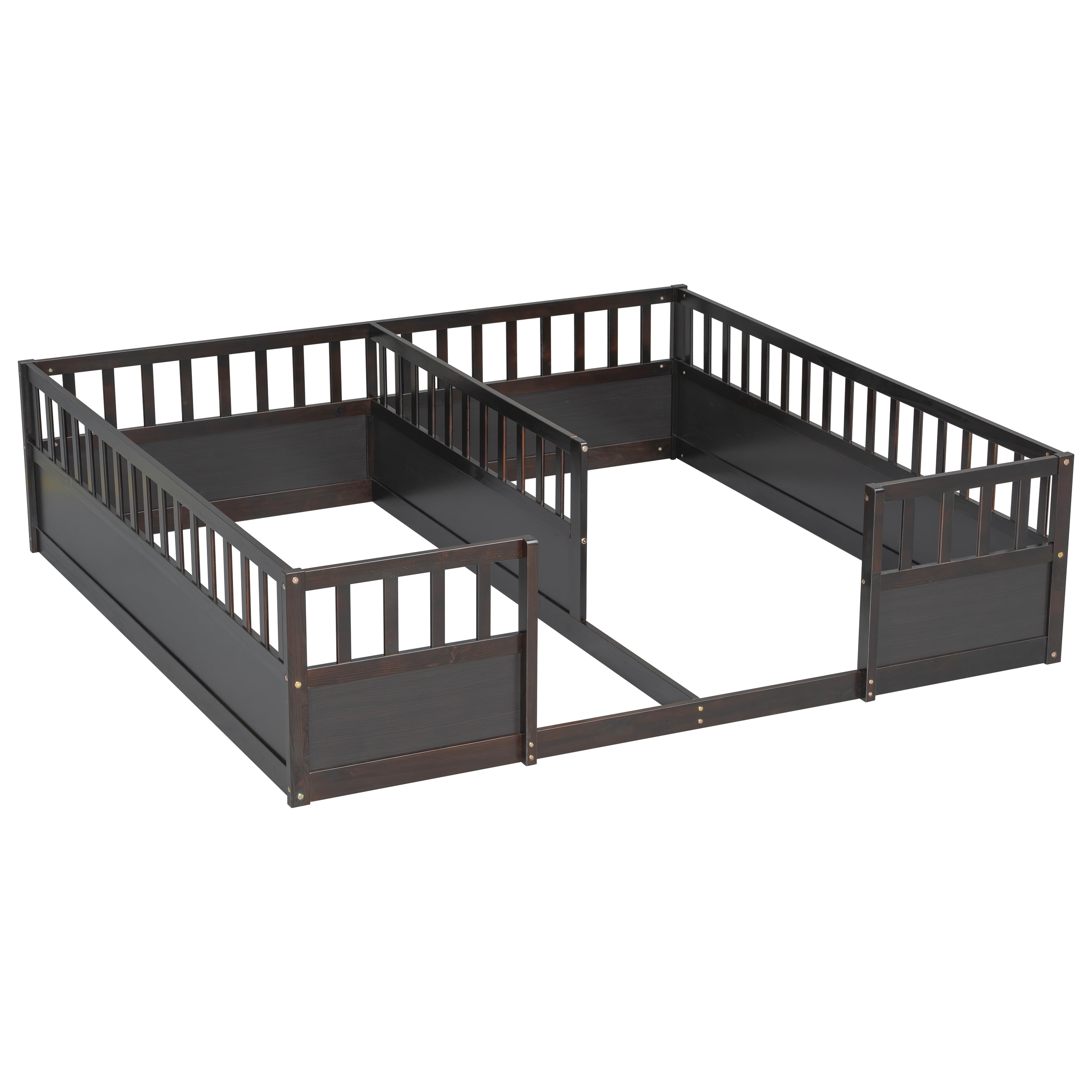 Double Twin Floor Bed 81.2 Inch, Pine Wood Bed Frame with Semi Enclosed Guardrails for Two Kids, Espresso