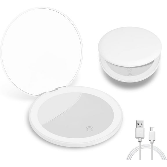 Magnifying Mirror with Light, Rechargeable Compact Mirror with 10X/1X Magnification, 2-Sided Brightness Adjustable Pocket Mirror with Light, Perfect for Travel Handbag White