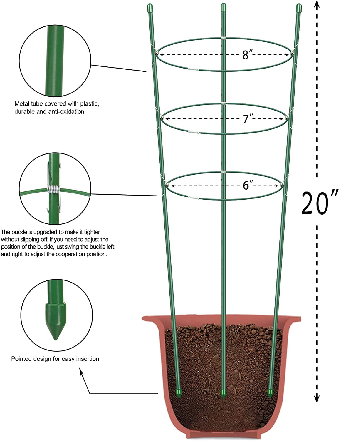 Plant Support Cages for Climbing Plant 20" Flower Cherry Tomato cage with Stand Stakes and Stable Support Rings, 3 Pack with 12 Clips (20")