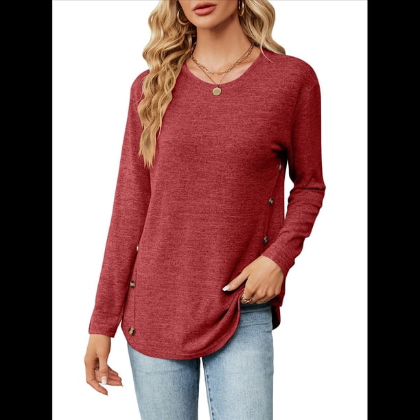 Blusas de Larga con Cuello Redondo para Mujer, Blusas Holgadas con Botones para Otoño e Invierno 2025. Rojo L