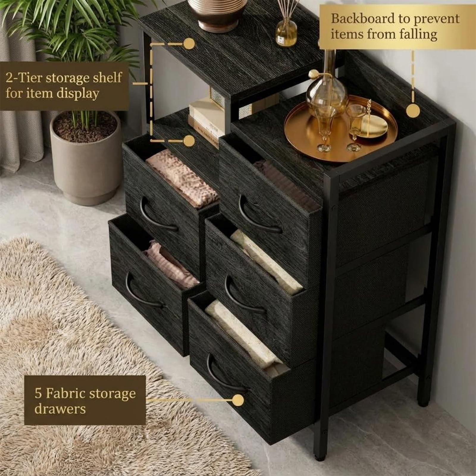 Ataujin 5 Drawer Mobile File Cabinet with Open Storage Shelf, Under Desk Storage Organization, Rolling Printer Stand and Fabric Lateral Filing Cabinet, Fits A4 or Letter Size Files