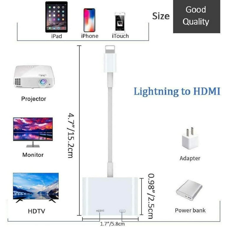 Adaptador Lightning a HDMI para iPhone 12/12 Pro Max 11 Pro/XS/XR/X/8 7 6  Plus SE, iPad Pro Mini 2, conector iPhone a HDMI compatible con iOS 10 ~