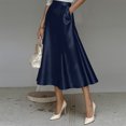 thumbnail image 2 of Morttic Women's Elegant Solid Color Silky Satin A-Line Midi Skirt – High Waist Flowy Swing Skirt with Hidden Side Pockets Navy Blue，L, 2 of 5