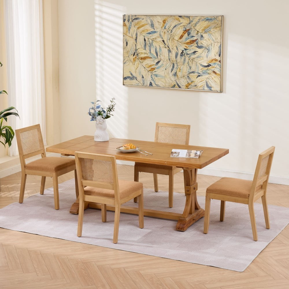Rattan Dining Chairs Set of 2, Farmhouse Mid Century Modern Kitchen Chairs with Cane Backrest, Linen Upholstered Seat, Solid Wood Frame, Tan