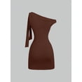 thumbnail image 2 of Mocha Brown Womens One Shoulder Ruched Bodycon Mini Dress With Tie Detail, 2 of 6