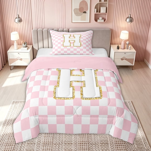meiyoeat Glitter Print Letter H Twin Comforter Sets for Kids, Princess Grid Plaid Bedding Set for Bedroom, Pink, Pink Reversible 2-Piece, 1 Comforter and 1 Pillowcase