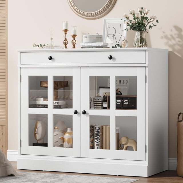 Gaderth Sideboard Buffet Cabinet With Storage,Modern Sideboard Cabinet With Glass Door,Farmhouse Console Table,Buffet Table With Drawer,Kitchen Coffee Bar Wine Bar Cabinet For Hallway Entryway