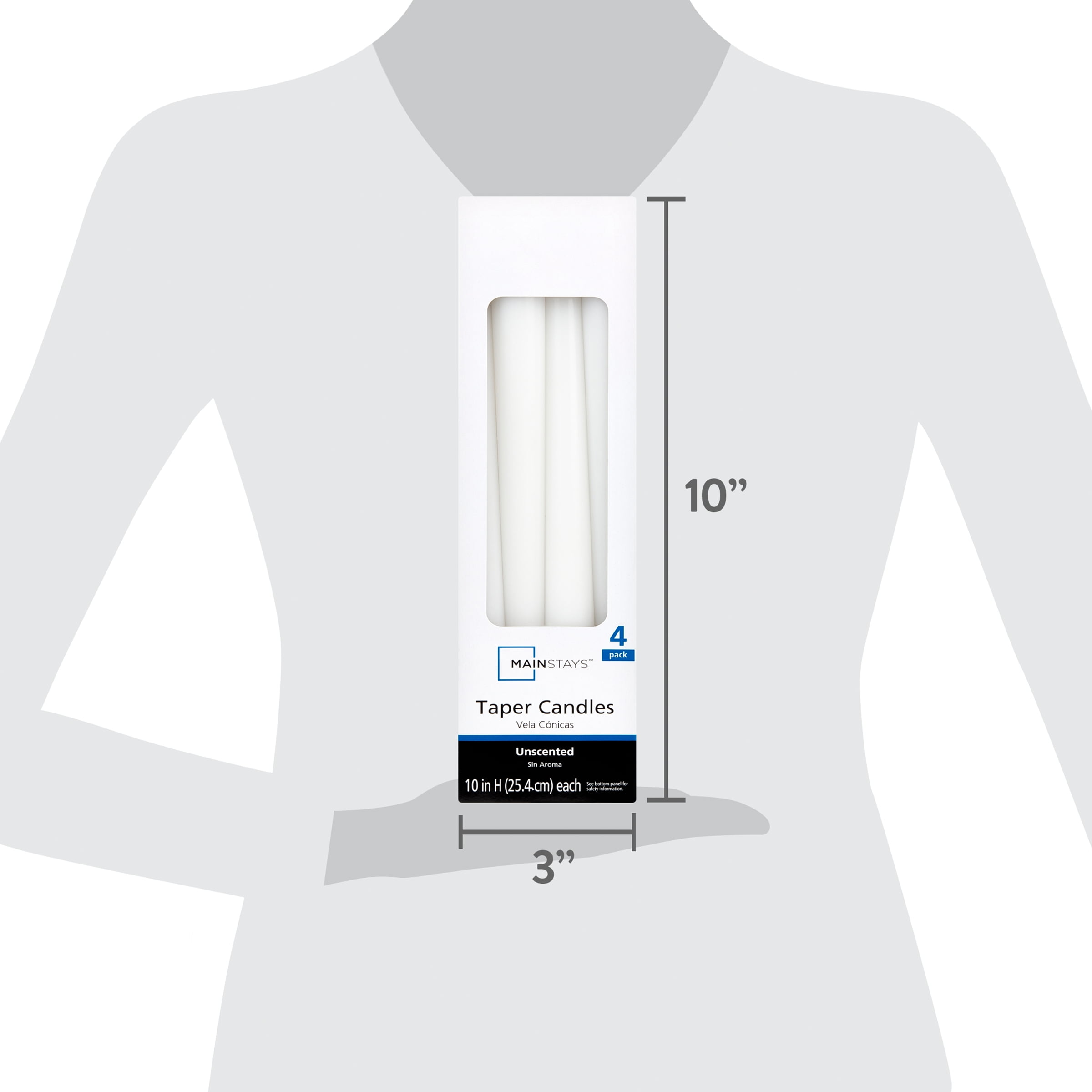 Mainstays Unscented Taper Candle, White, 4-Pack, 10 inches Long