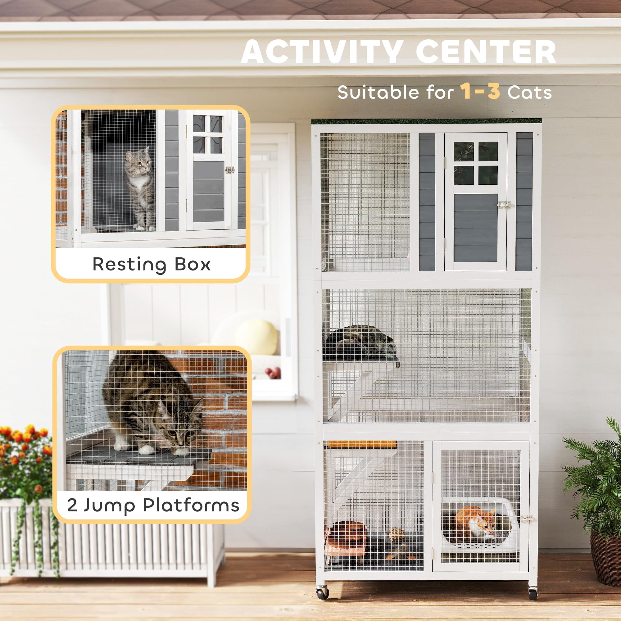 Wooden Catio Outdoor Cat Enclosure with Wheels Weatherproof Large Cat House for Outside Play High Weight Capacity Dark Gray