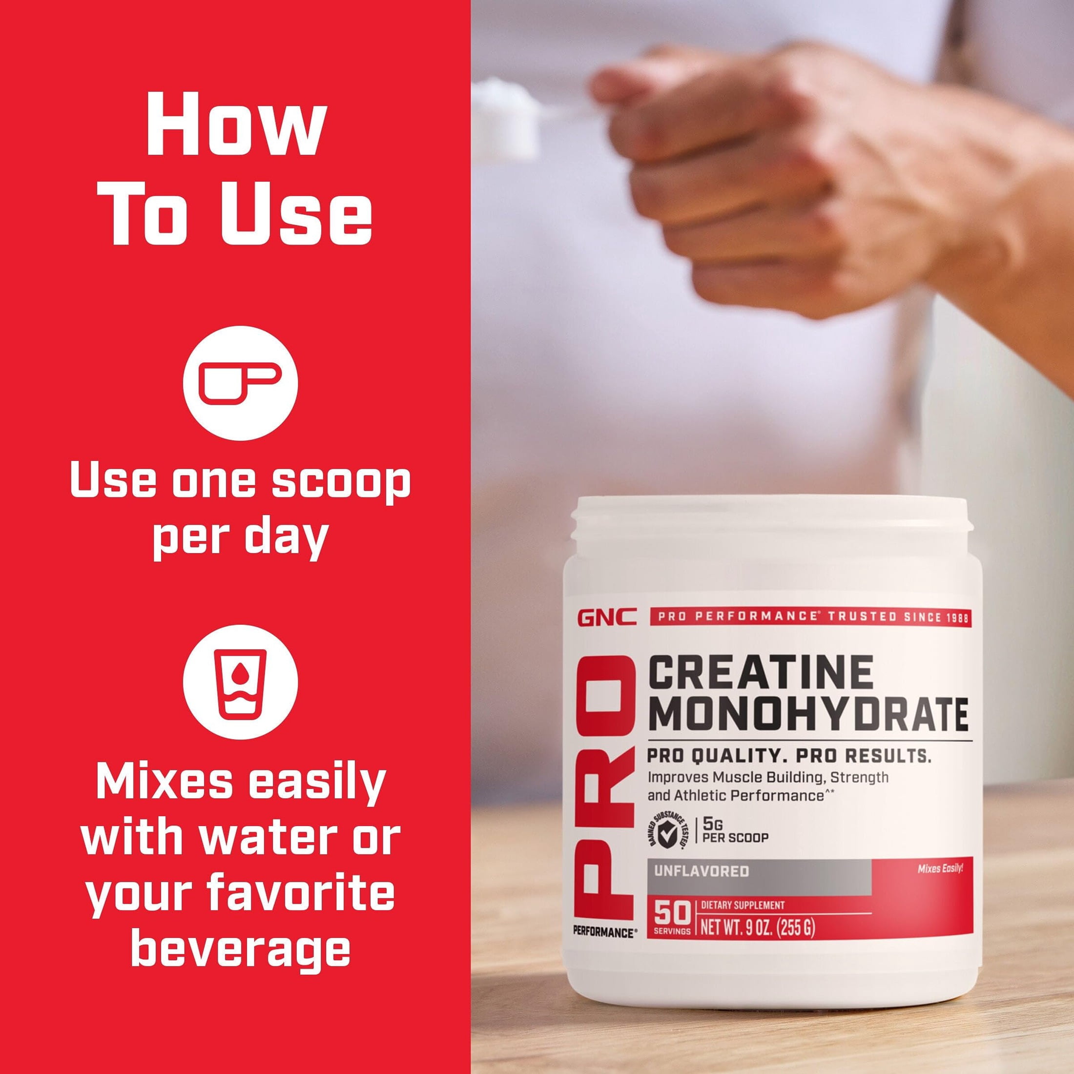 GNC Pro Performance Micronized Creatine Monohydrate Powder for Women & Men, 5g Creatine Per Serving, Muscle Building, Energy Production, Endurance, Performance, 50 Servings