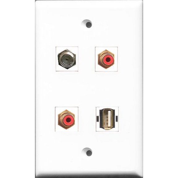 RiteAV - 2 Port RCA Red and 1 Port Coax Cable TV- F-Type and 1 Port USB A-A Wall Plate