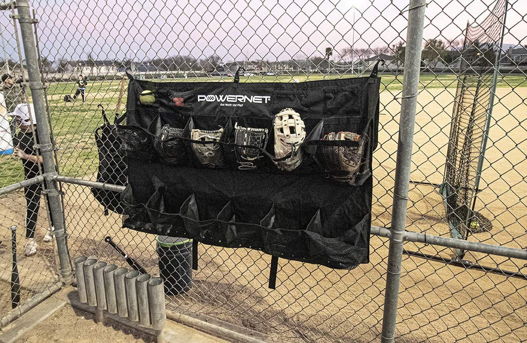 PowerNet Softball & Baseball Helmet Hanging Bag, 12 Pocket Baseball Glove & Helmet Storage Holder & Dugout Organizer, Portable Baseball Gear Training Equipment Holder (Black)