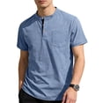 thumbnail image 2 of Men's Stand Up Collar Short Sleeve Casual Shirt Tops Three Button T-Shirt Solid Color Polycotton Top Summer Outdoor Travel Golf Fashion Outfit for Him | JASKFLY,Light Blue XL, 2 of 6