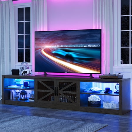 Yeahumalia Farmhouse LED TV Stand for 65 70 75 80 85 90-inch TVs, Media Console Entertainment Center for Living Room, Bedroom, Grey Oak