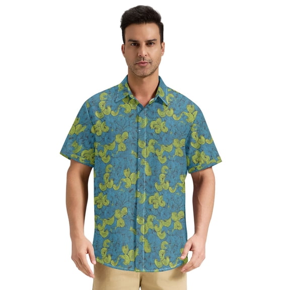 Men’s Stand Collar Short Sleeve Shirt Casual Button Down Summer Top Lightweight & Breathable Swirling Short Lines Pattern Small