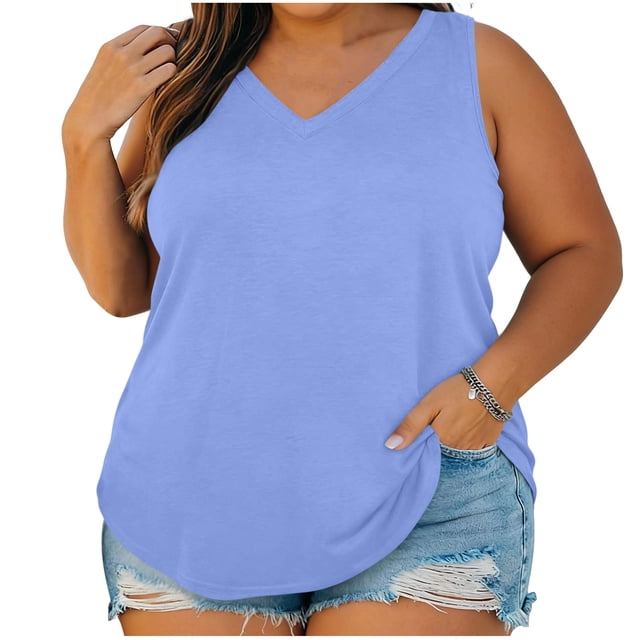StSilkitty Plus Size Tank Tops for Womens Solid Color Loose V Neck Blouses Summer Beach Lightweight Soft Shirts