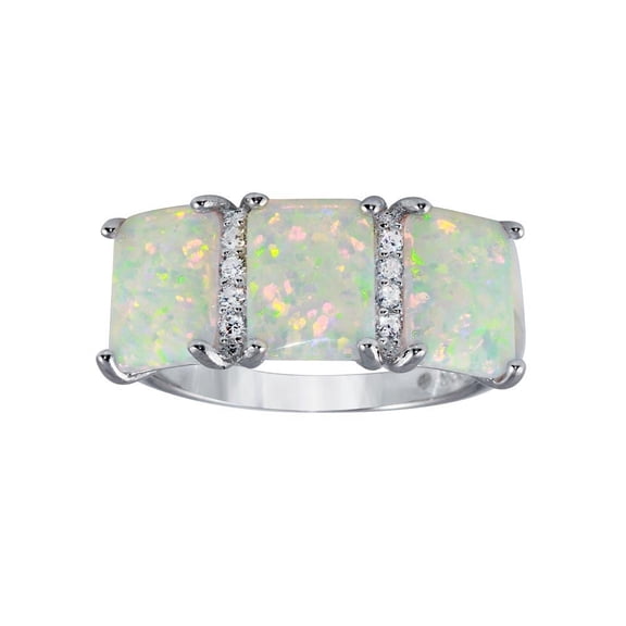 Rhodium Plated 925 Sterling Silver Triple Simulated Opal Ring Band White CZ Female Size 8