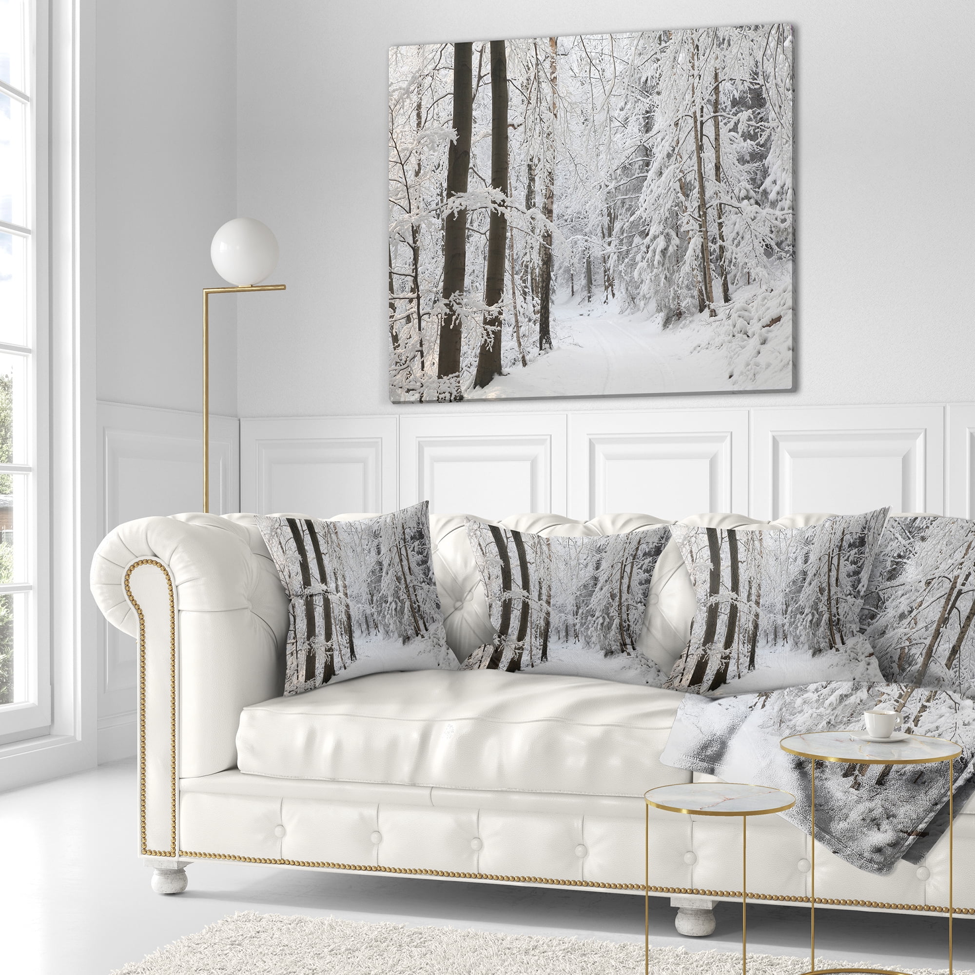 Designart Dense Winter Forest and Lane - Forest Throw Pillow - 16x16