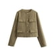 thumbnail image 3 of Chaqueta Blazer Corta para Mujer, Sin Cuello, con Botones, Estilo Casual de Negocios, Ideal para Otoño e Invierno. Marrón Oscuro XS, 3 of 9
