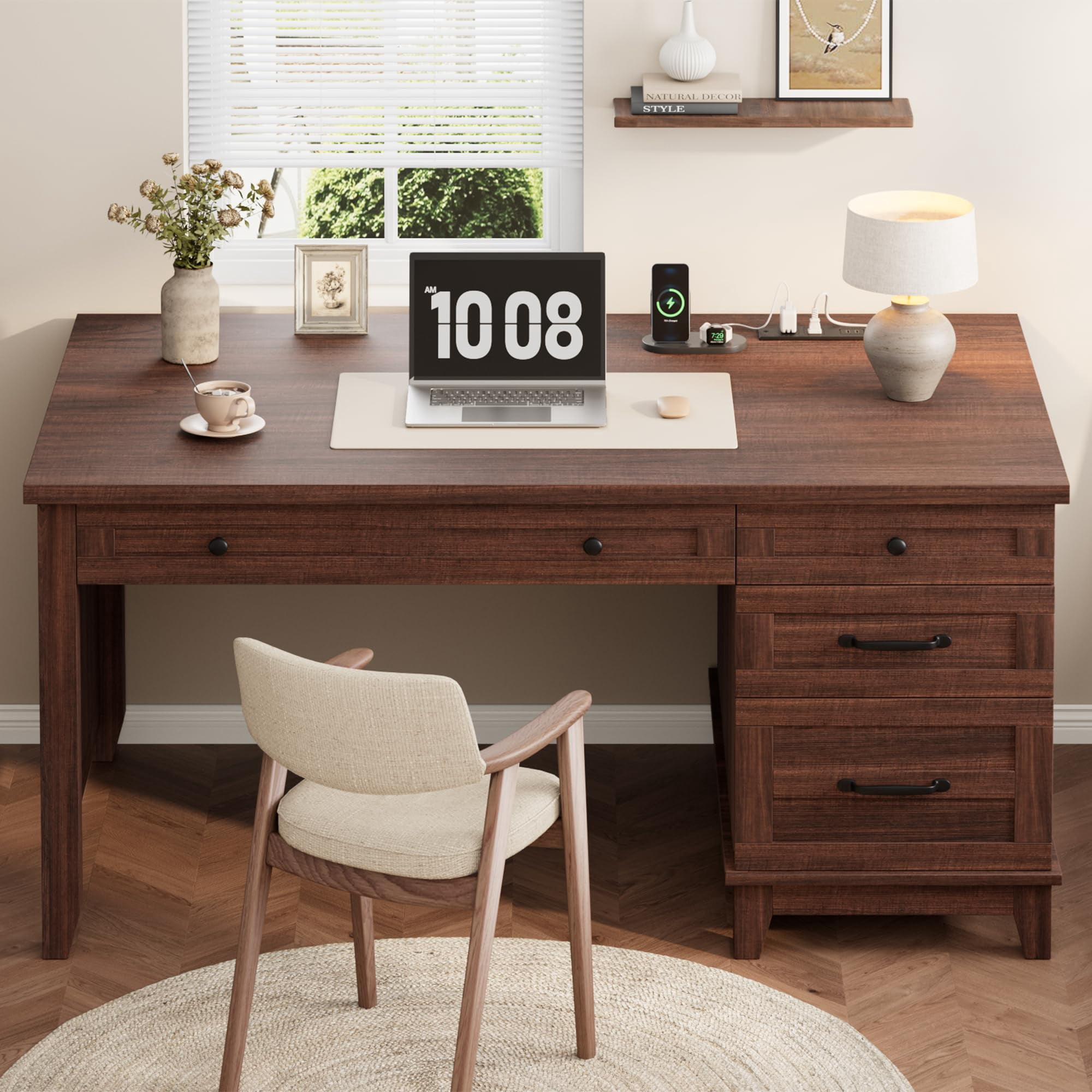 Garvee 53.5" Farmhouse Office Desk with Charging Station - Wooden Executive Computer Desk with File Drawer & USB Ports - Large Home Office Workspace-Brown