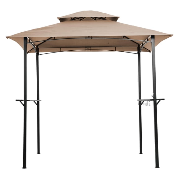 Outdoor Grill Gazebo 8x5, BBQ Shelter Tent with Double Tier Top, Metal Canopy with Bar Counters, Hooks & Mesh Tables for Patio, Backyard, Khaki