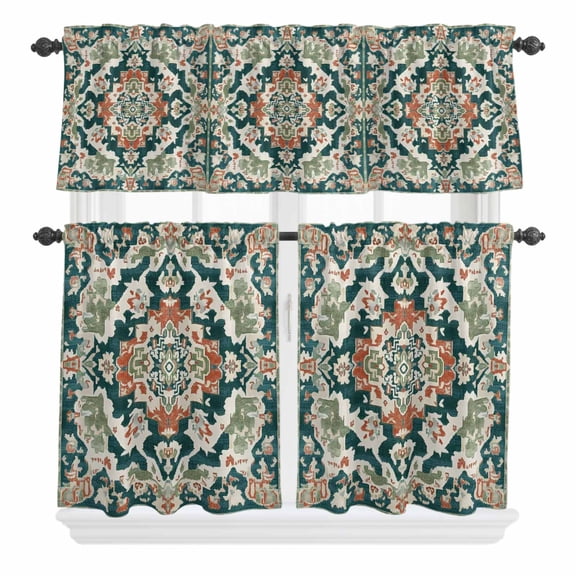 3 Piece Kitchen Curtains and Valances Set Teal Green Boho Boho Cafe Curtains 36 Inch Length Abstract Medieval Vintage Floral Valance & Tier Curtain for Living Room Bedroom Window 54"x18" 27"x36"*2