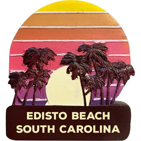 

Edisto Beach South Carolina Trendy Souvenir Hand Painted Resin Refrigerator Magnet Sunset and palm trees Design 3-Inch Approximately