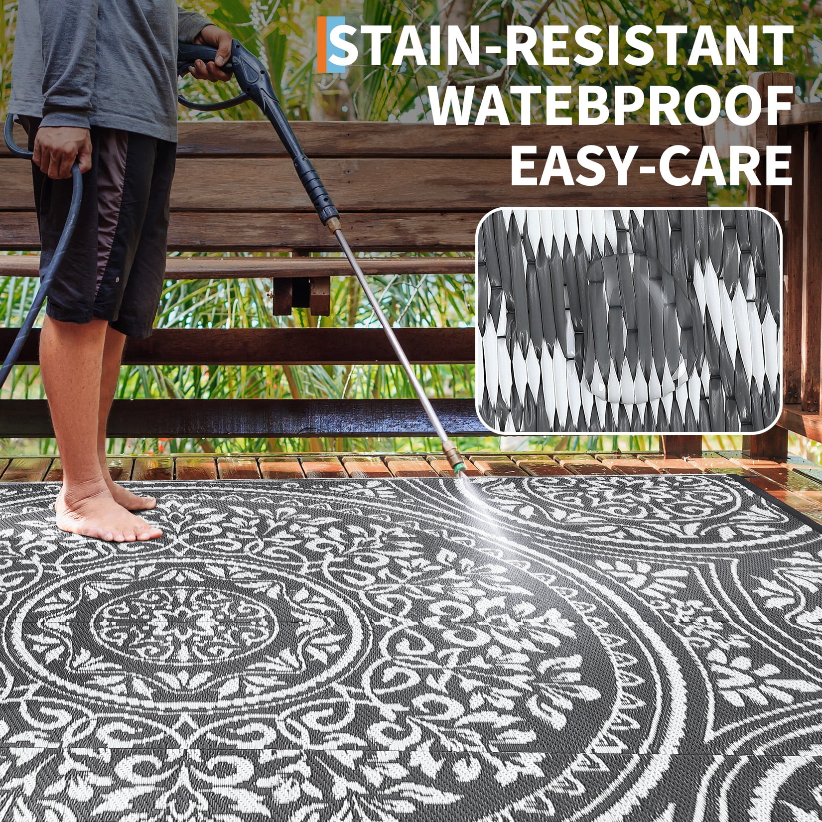 HIWEAVER 9' x 18' Gray/White Outdoor Rug PP Plastic Straw Woven Waterproof Patio Rug with Border Portable Outside Carpet for Balcony Deck Picnic Garden Decor