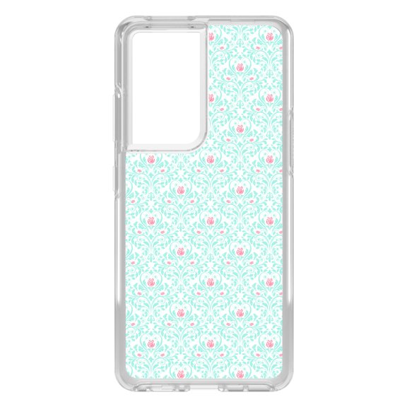 DistinctInk Clear Shockproof Hybrid Case for Galaxy S21 ULTRA 5G (6.8" Screen) - TPU Bumper, Acrylic Back, Tempered Glass Screen Protector - Teal & Pink Rose Pattern