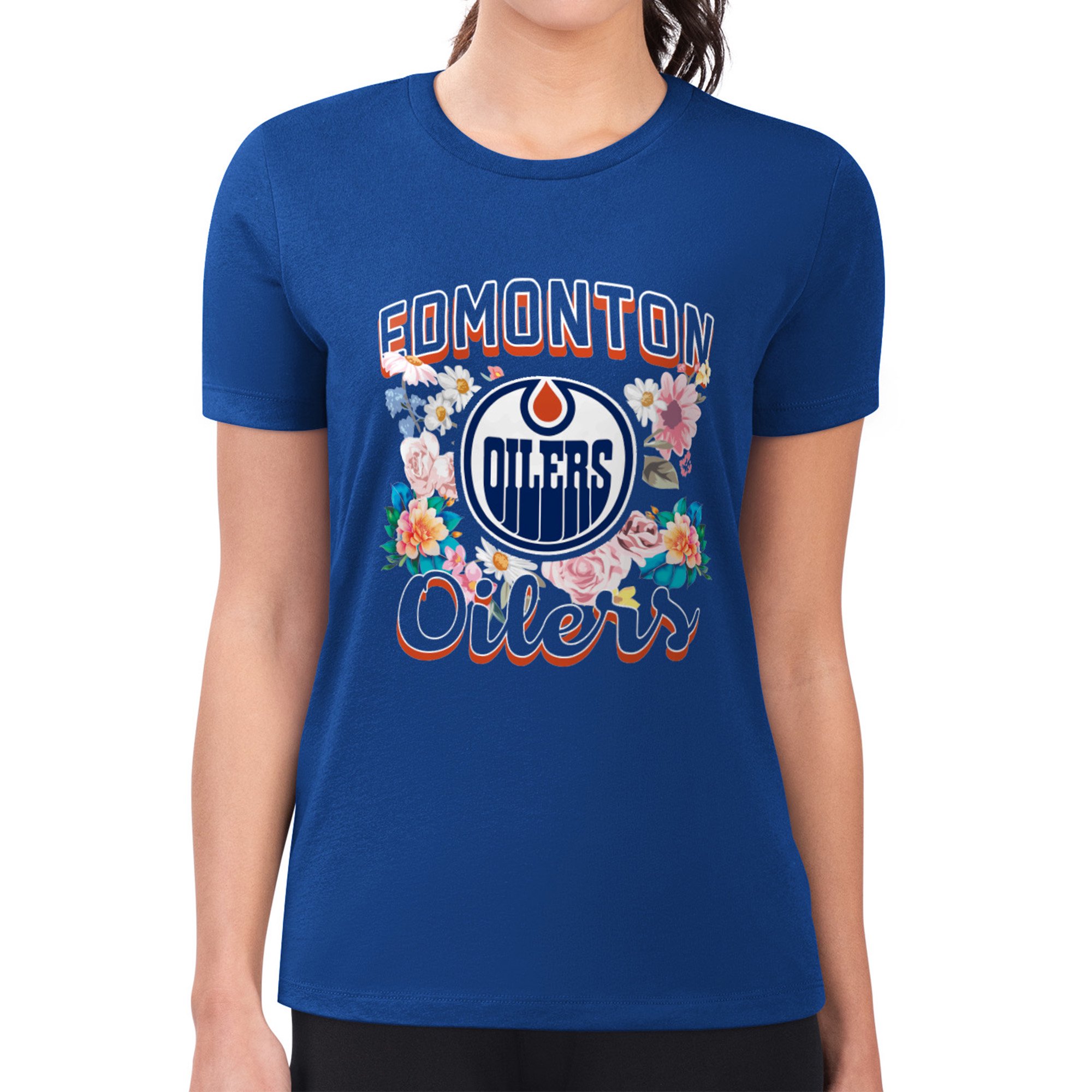Women's G-III 4Her by Carl Banks Royal Edmonton Oilers Super-Slim Fit Lightweight Flower Logo T-Shirt