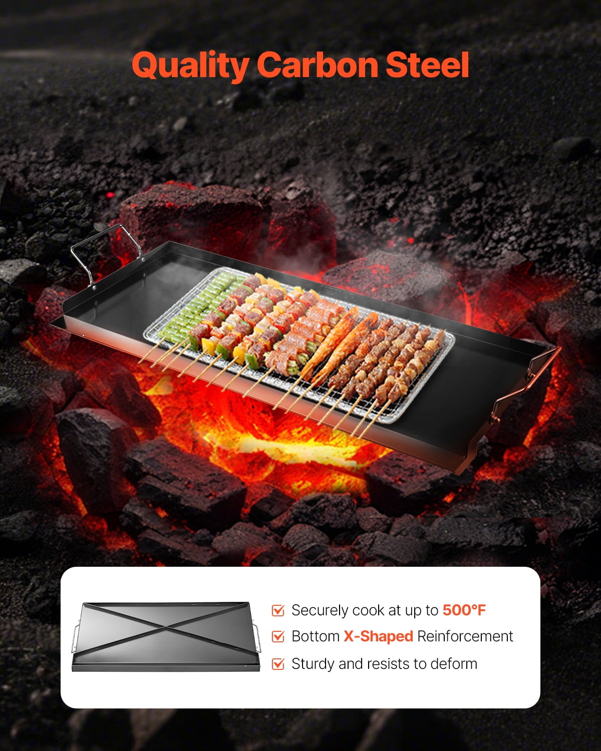 VEVOR Carbon Steel Griddle, 32x14 inch Universal Flat Top Rectangular Plate, Gas Grill Griddle for BBQ Grill, Teppanyaki, Portable Family Cookware with Handle, for Camping Tailgating Party
