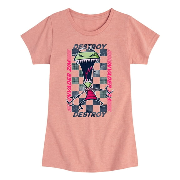 Invader ZIM - GIR Screaming Destroy - Checkered Board Retro Style - Toddler And Youth Girls Short Sleeve Graphic T-Shirt