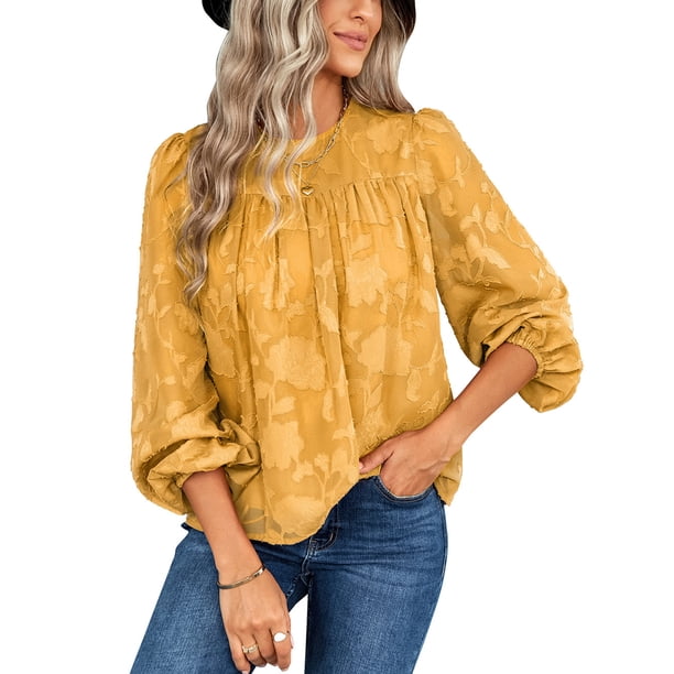 Txlixc Blusa de Manga Larga para Mujer, Blusa de Cuello Redondo con Botones en la Espalda con Patrón de Jacquard de Color Sólido, Tops de Calle de Ajuste Suelto Txlixc Moda