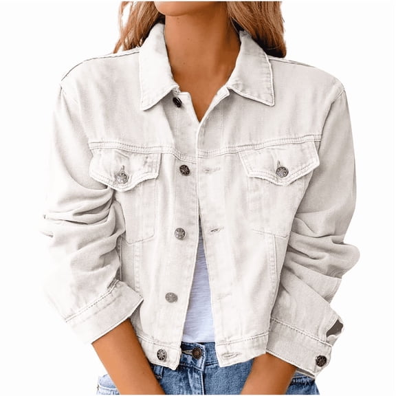 Womens Cropped Jean Jacket Casual Long Sleeve Fall Coat Sprint Jackets Loose Fitted Lapel Button Down Thin Denim Jackets with Pocket
