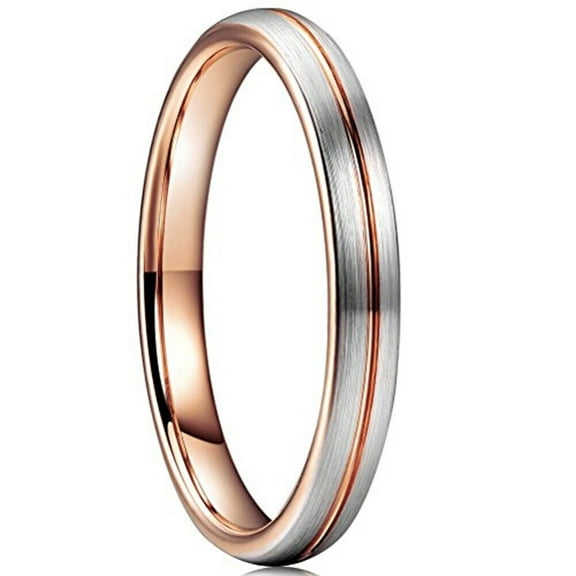 Wedding Ring for Women 3mm Silver Gray Tungsten Band w Rose Gold Groove Top
