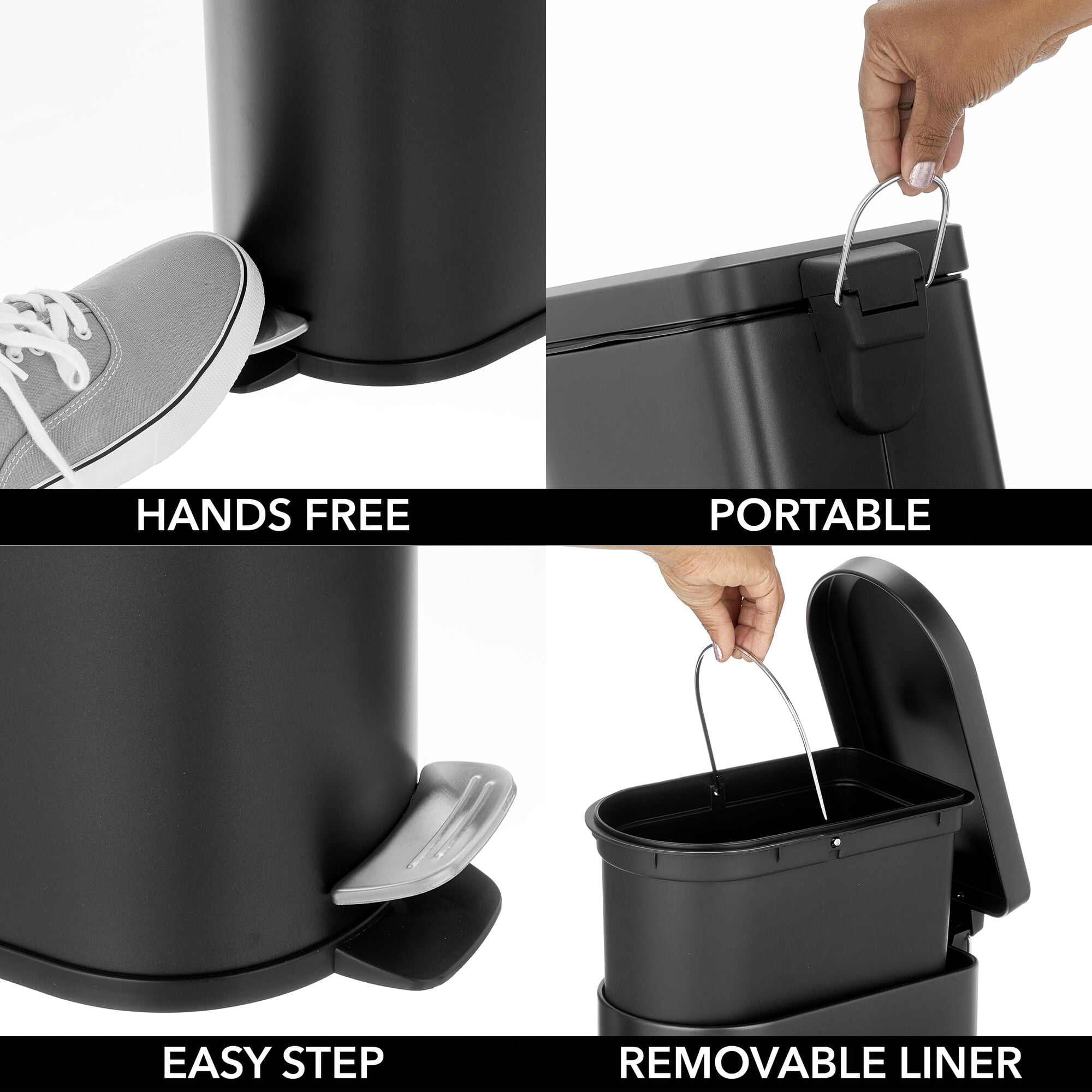 mDesign Small 2.6 Gallon Steel Metal D-Shape Step Trash Can for Bathroom, Black