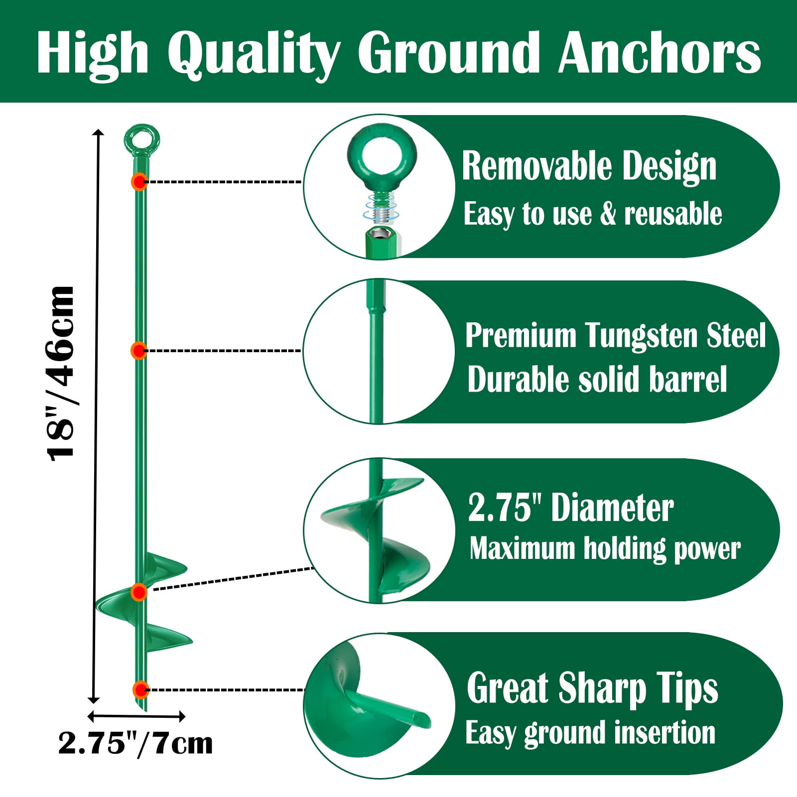 18 inch Ground Anchors Srew in Heavy Duty, Earth Shed Anchor Kit, Trampoline Stake Hook for Dirt, Swing Sets, Playset, Tent, Canopy, Carport, Mobile Home Tie Down, 4 Pack