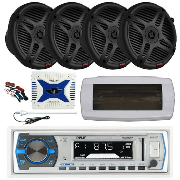 Pyle PLMRB29W Single DIN Bluetooth Marine MP3 AM/FM Stereo Receiver, White Cover, Long Range Antenna, Amplifier w/Kit, 4x 6.5" 600 Watt Max 2-Way Waterproof Wireless RF Streaming Speakers (Black)