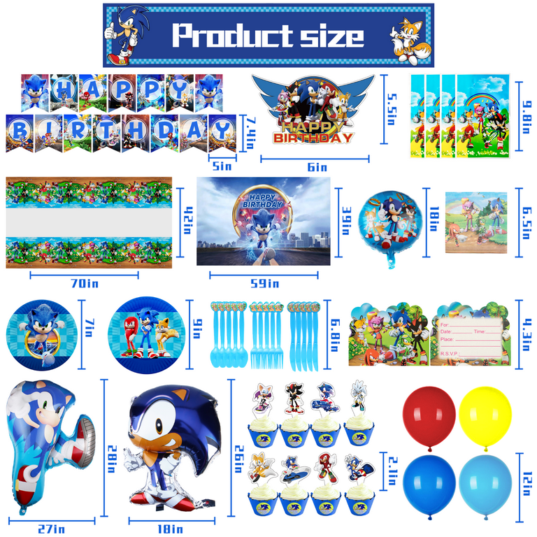 WOOACME 96pcs Sonic Party Supplies Include Banner, Cake Topper