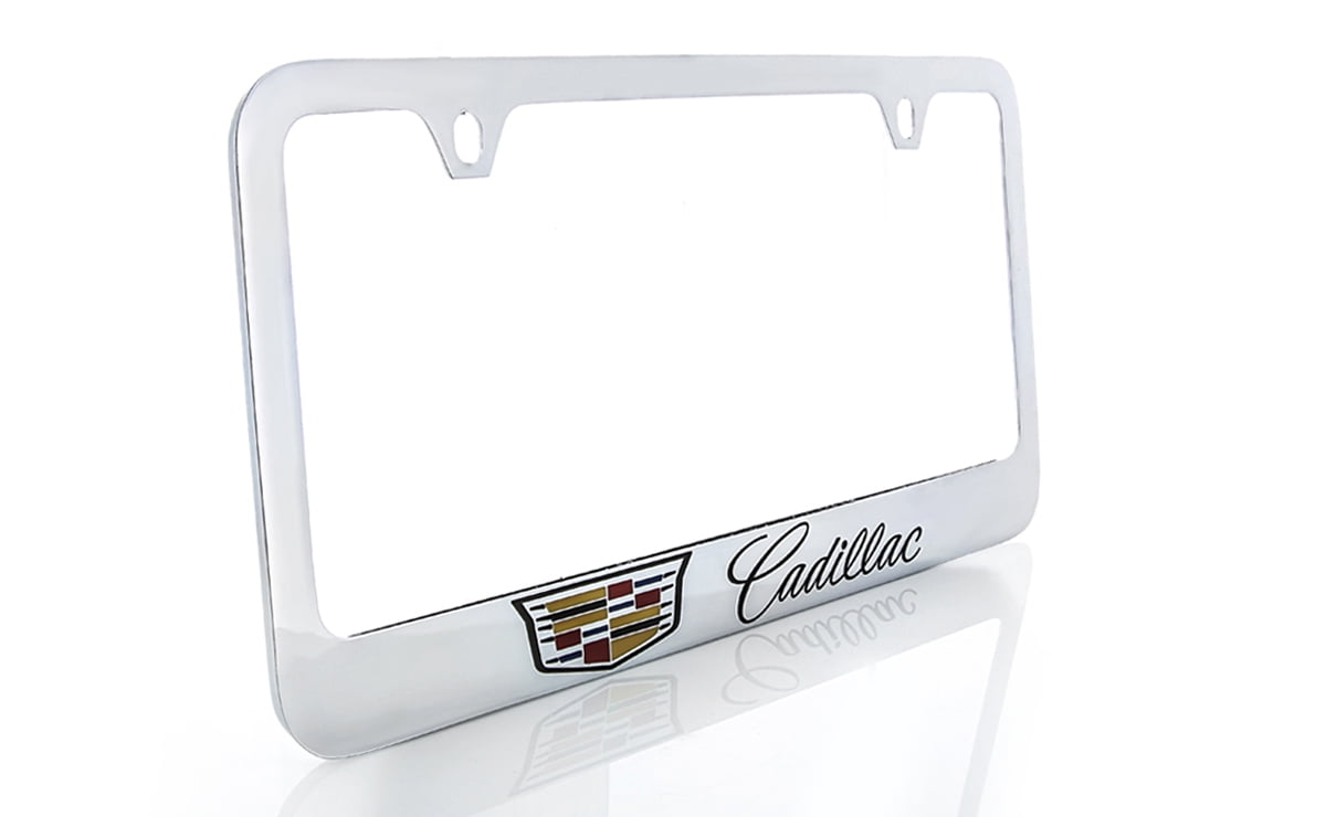 Cadillac with Crest Brass License Plate Frame with Chrome Finish (2 hole)