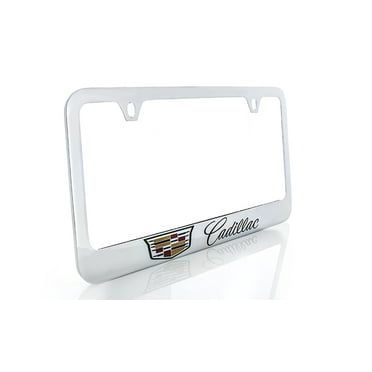 Cadillac with Crest Brass License Plate Frame with Chrome Finish (2 hole)