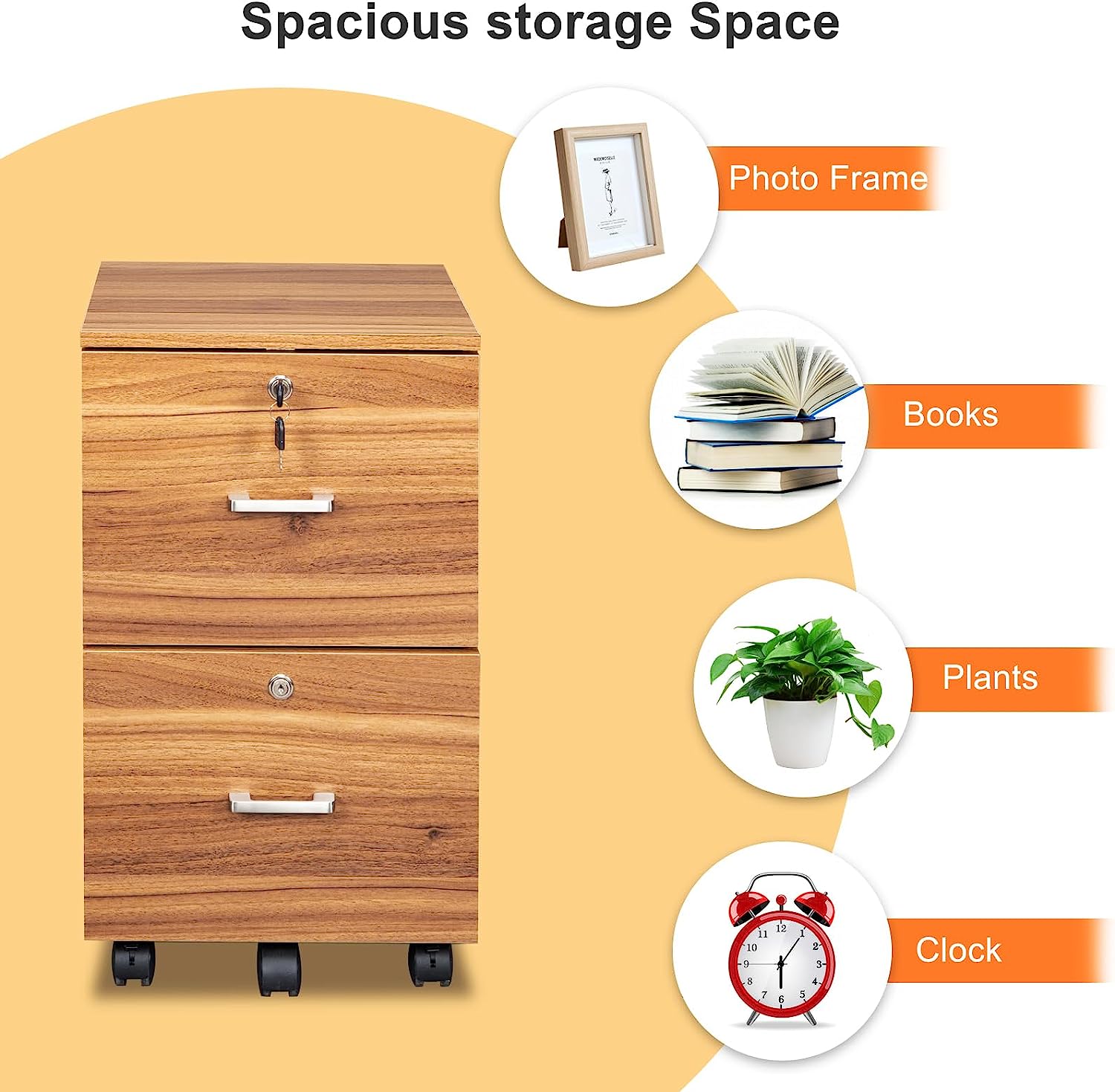 2 Drawer File Cabinet with Lock, Wood Grain Walnut File Cabinet for Letter Size File Folders with Tabs, Under Desk Rolling File Cabinets for Home Office, Mobile Filing Cabinet Printer Stand