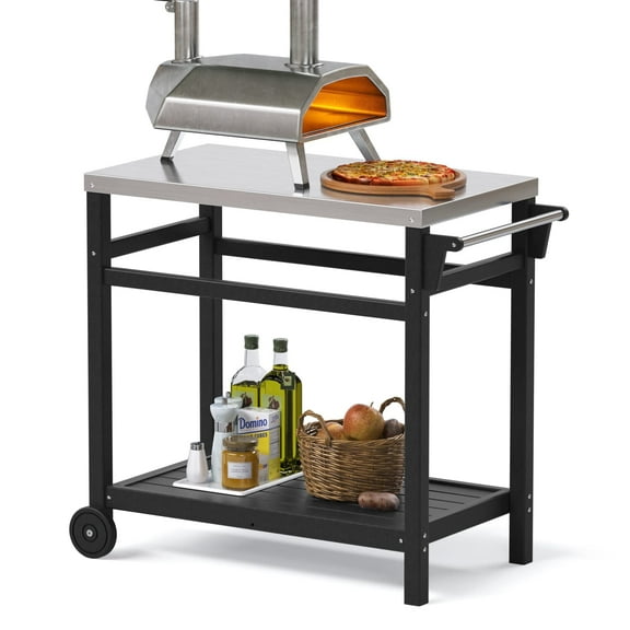 TORVA Portable Outdoor Grill Cart with HDPE Legs,Stainless Steel Top&Double-Shelf Storage for BBQ Prep Table，A Long-Lasting Dining Cart Suitable for Outdoor&Indoor Use, Black