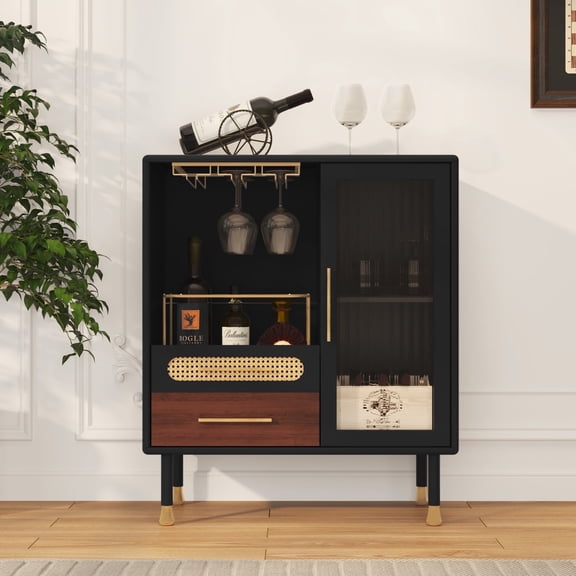 CBJCBJ Modern Coffee Bar Cabinet with Storage, Wine Cabinet with Glass Racks, Sideboard for Living Room,Black