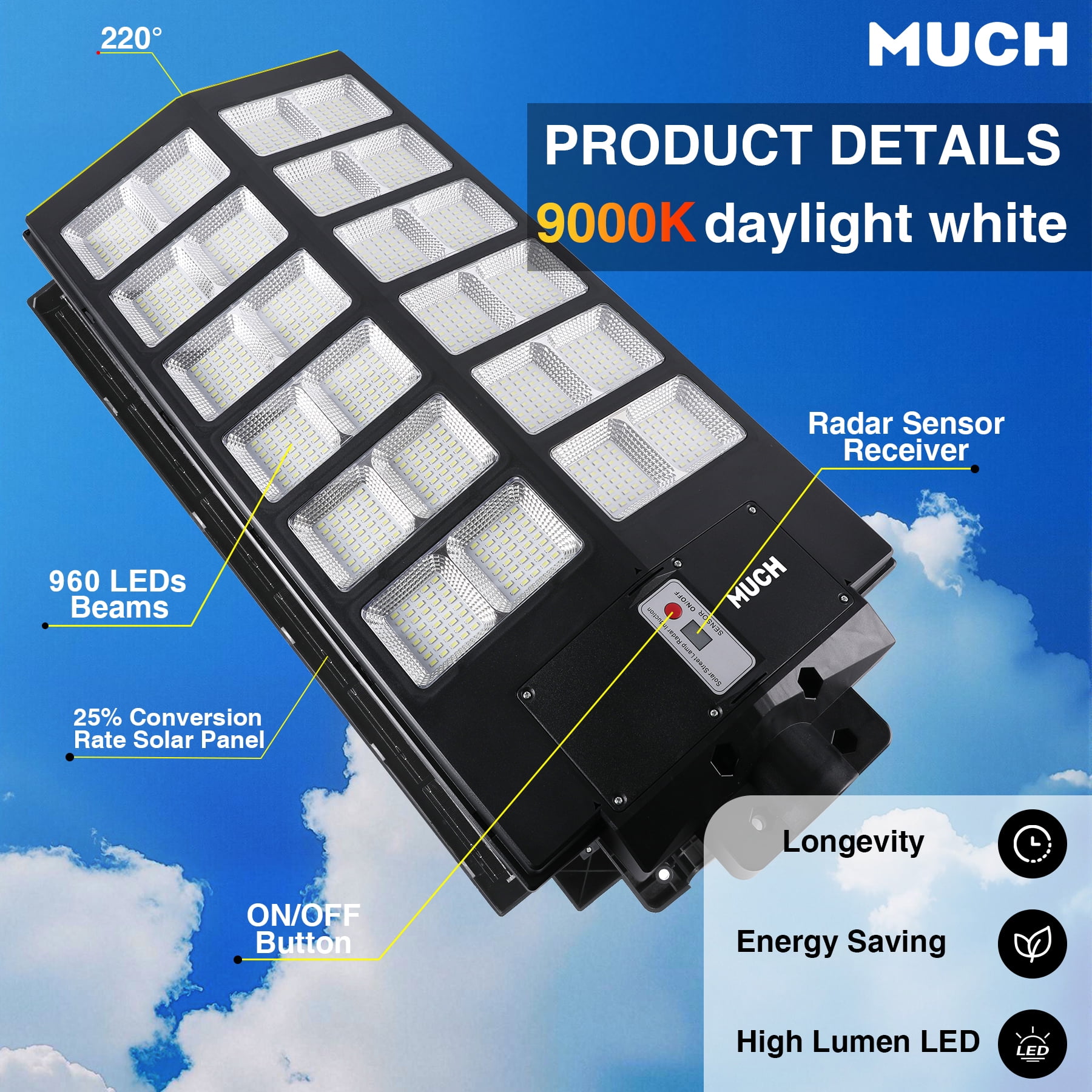 MUCH 10000W Super Bright Solar Street Light with Pole, 960 LED 220° Wide Angel Commercial Parking Lot Lights 35000mAh Outdoor Dusk to Dawn Solar Security Flood Light w/Motion Sensor Remote Control
