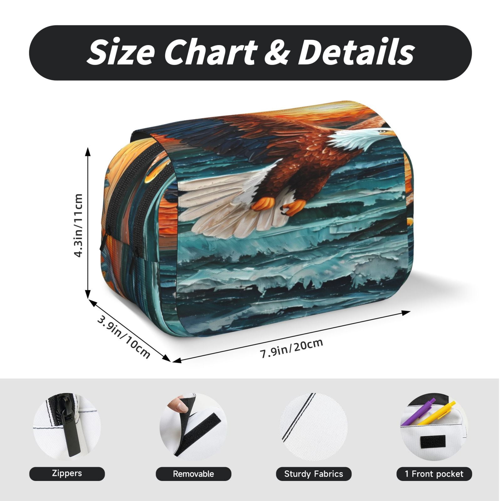 Rateoe Textured Bald Eagle Pattern Double Clamshell Pen Case, Storage Organizer with Two Zipper Compartments– Holds Up to 50 Pencils & Pens
