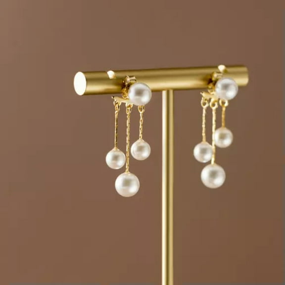 K-KED Gold Plated 925 Sterling Solid Silver Triple Pearl Drop Ear Jacket Stud Earrings-Silver