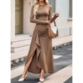 thumbnail image 3 of Women'S 2025 Autumn and Winter Solid Color Fashion Slit Dress Evening Dress Long Skirt Brown S, 3 of 8